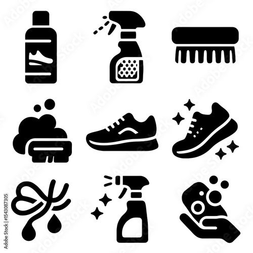 Sneaker Care Essentials. Solid vector icons of sneaker care: sneaker cleaner bottle, mesh protector spray, sneaker brush, foam
