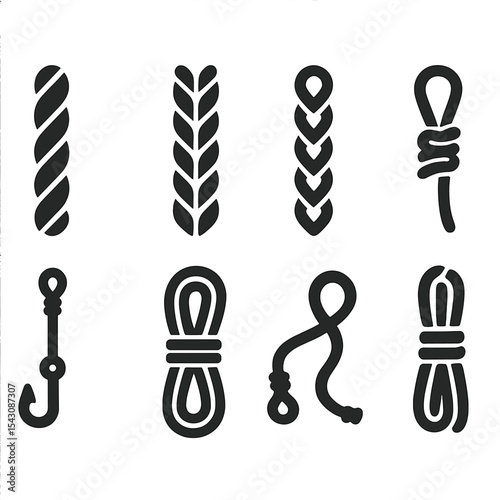 Nautical Rope Icons. Solid vector icons of basic nautical rope types: twisted rope, braided rope, three-strand rope, dock line,