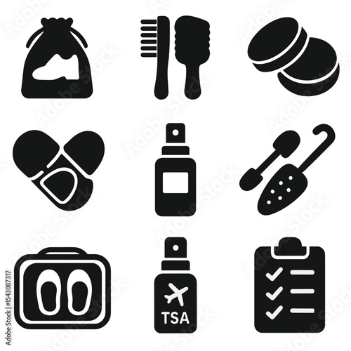 Travel Shoe Care Essentials. Solid vector icons of travel shoe care: travel shoe bag, mini brush set, compact polish kit, shoe