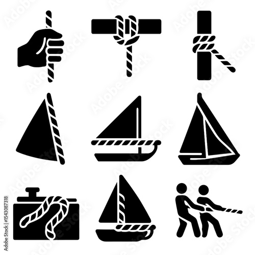 Nautical Rope Icons. Solid vector icons of nautical rope use in sailing: adjusting sail rope, rope to boom, rope to mast, halyard