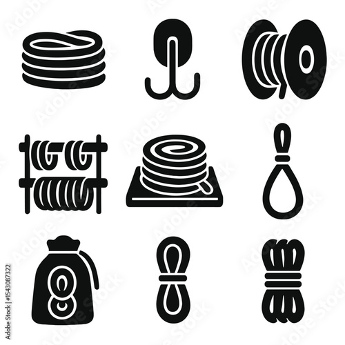 Rope Storage Solutions. Solid vector icons of rope coiling and storage: neatly coiled rope, wall-mounted rope hook, rope on spool,