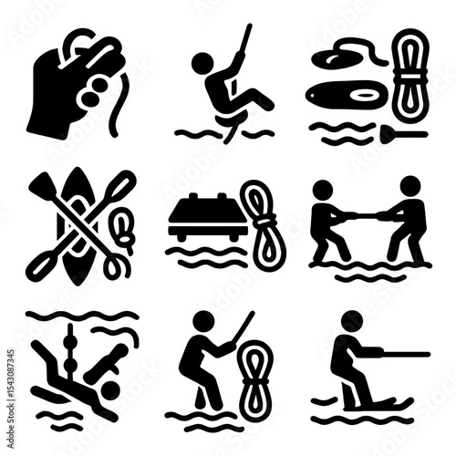 Rope Activities Icons. Solid vector icons of recreational rope activities: sailing knots practice, rope swing over water, rope for