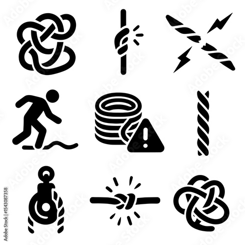 Rope Hazards Icons. Solid vector icons of rope-related hazards: entangled rope, slipping rope knot, rope snap under pressure,