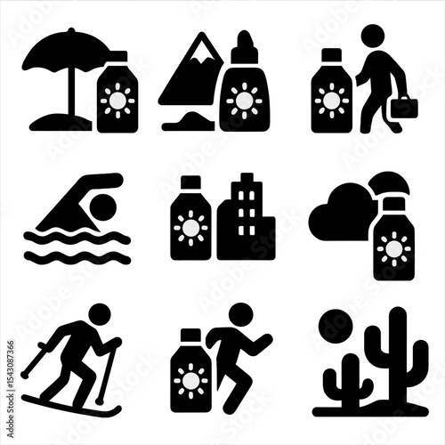 Sunscreen Icons Collection. Solid style icons of sunscreen for different environments: beach use, mountain hiking SPF, daily