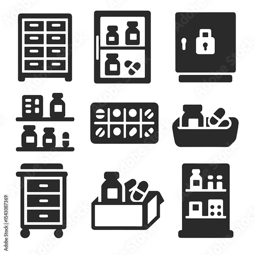 Medicine Storage Icons. Solid style icons of medicine storage and organization: labeled drawer cabinet, refrigerated medicine unit