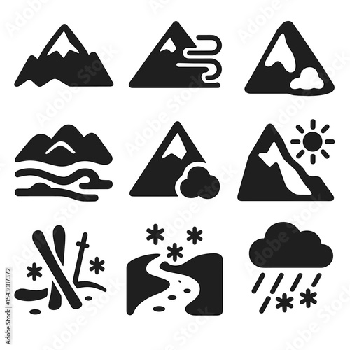 Winter Mountain Icons. Solid vector icons of mountain and winter weather: snow-covered peak, alpine wind, icy slope icon, mountain