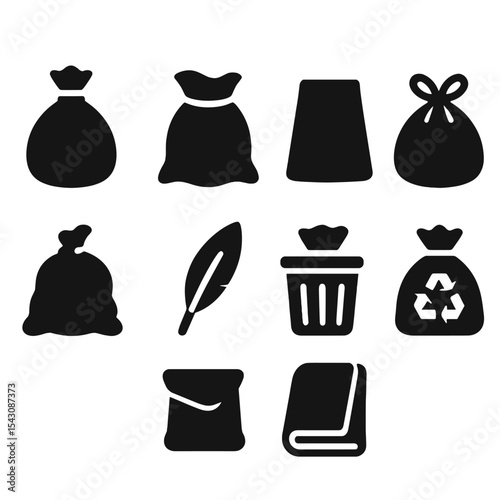 Minimalist Trash Bag Icons. Solid vector icons of minimalist trash bag concepts: tied trash bag, open trash bag, flat trash bag