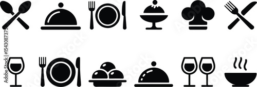 Black and white restaurant icons arranged on a white background view