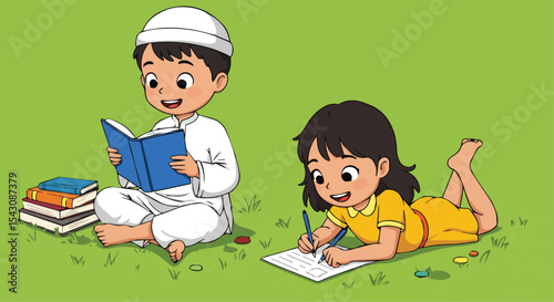  Muslim Children Learning and Studying Outdoors