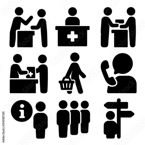 Pharmacy Interaction Icons. Solid style icons of customer interaction and service: customer asking pharmacist, consultation window