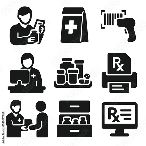 Pharmacy Workflow Icons. Solid style icons of prescription processing: pharmacist checking label, filled prescription bag, barcode
