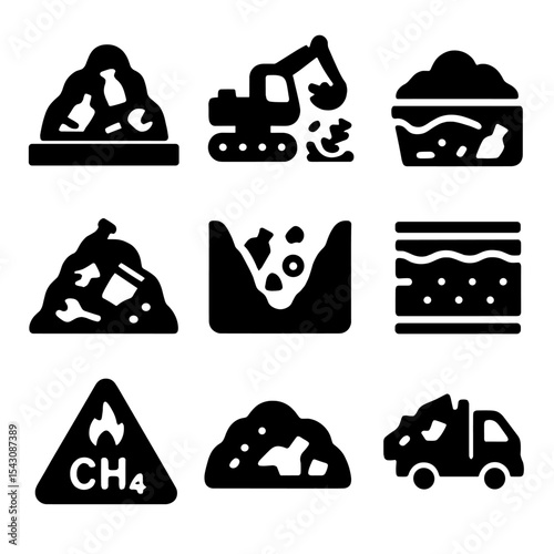 Landfill Icons Collection. Solid style icons of landfill and disposal: landfill site icon, excavator with waste, buried trash