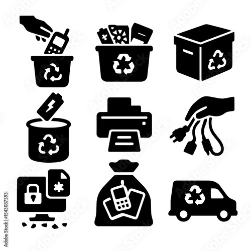 E-Waste Recycling Icons. Solid style icons of e-waste and electronics recycling: old phone disposal, computer parts bin, e-waste
