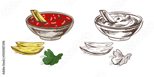 Hand drawn vintage sketch of potato wedges with red dipping sauce and parsley leaf, colored vector illustration