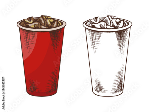 Hand drawn vintage sketch of iced soft drink in red takeaway cup, colored vector illustration