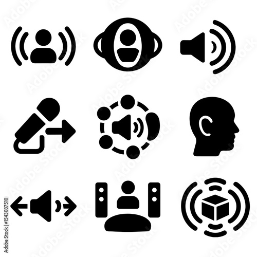 Virtual Audio Icons. Solid style icons of virtual audio spaces: spatial sound icon, 3D sound bubble, virtual echo, directional mic