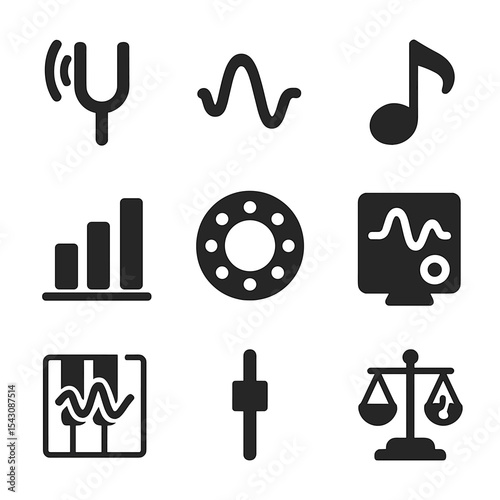 Musical Tone Icons. Solid style icons of musical tones: tuning fork, pitch icon, note frequency, sound scale, musical tones circle