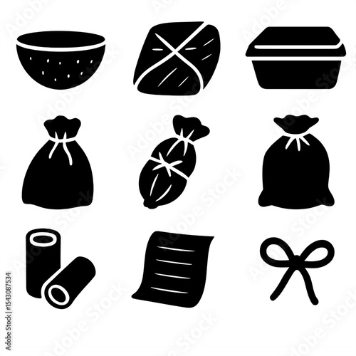 Eco-Friendly Packaging Icons. Solid style icons of natural packaging: coconut shell bowl, banana leaf wrap, wood pulp box, flax