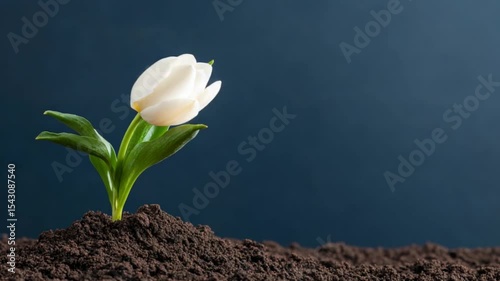 White tulip emerging from dark soil against a blue backdrop, symbolizing growth and renewal