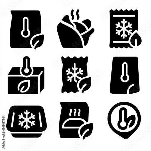 Eco Temperature Icons. Solid style icons of temperature-safe bio materials: insulated paper pouch, hot food-safe wrap,