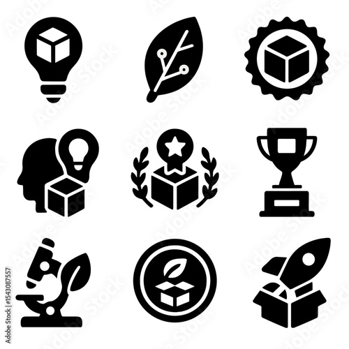 Innovative Packaging Icons. Solid style icons of packaging innovation: light bulb with box, leaf tech symbol, new material badge,