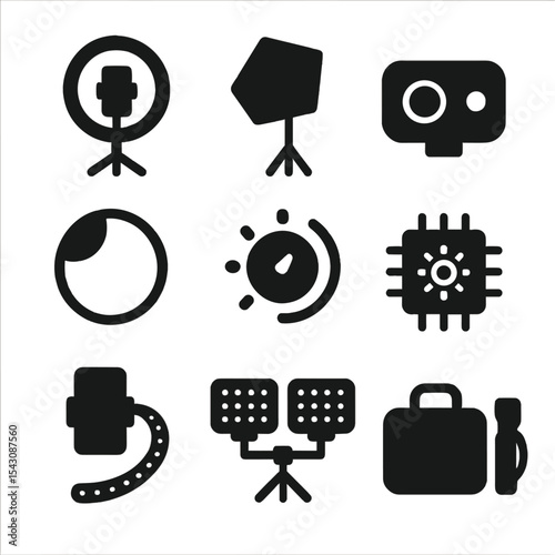 Mobile Lighting Icons. Solid style icons of mobile lighting setup: ring light with phone, softbox icon, pocket light, bounce
