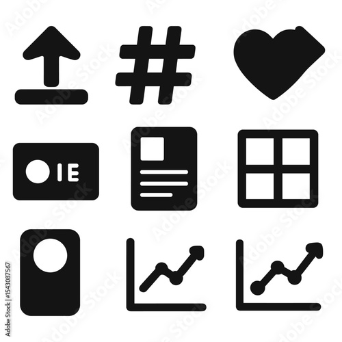 Social Content Icons. Solid style icons of social content creation: upload arrow, hashtag icon, like heart, share icon, live