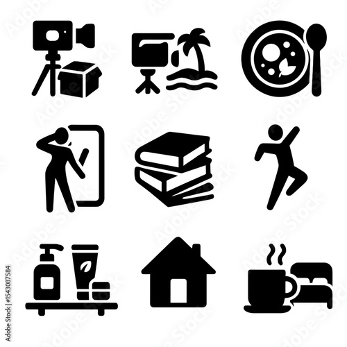 Creator Niche Icons. Solid style icons of creator niches: tech unbox icon, travel vlog symbol, food styling plate, fashion mirror