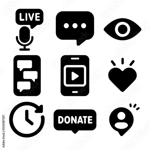 Mobile Streaming Icons. Solid style icons of mobile streaming: live mic icon, chat overlay, viewers eye icon, stream badge,