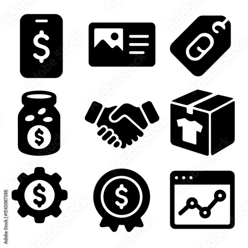 Creator Monetization Icons. Solid style icons of creator monetization: dollar symbol in phone, sponsored post icon, affiliate link