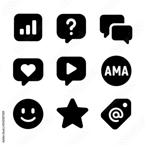 Social Engagement Icons. Solid style icons of fan interaction: poll icon, question box, reply thread, comment heart, video reply