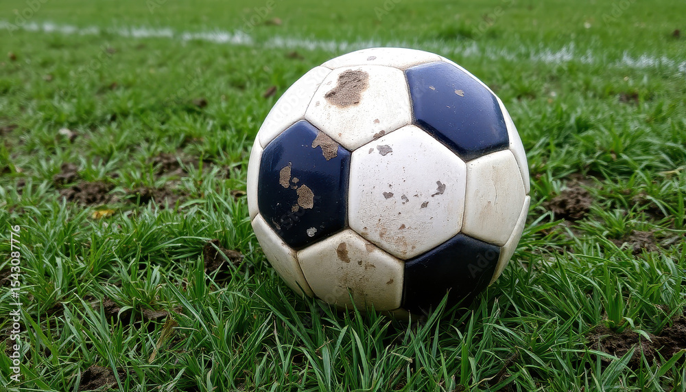 Fototapeta premium Mud-Stained Soccer Ball on a Grassy Football Field with White Line
