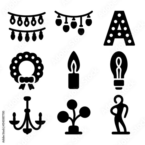Decorative Lighting Icons. Solid style icons of decorative lighting elements: fairy lights icon, string bulb decor, illuminated