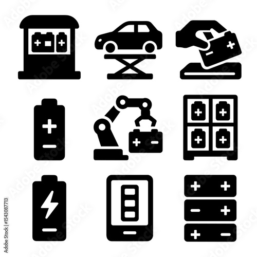 Battery Icon Set. Solid style icons of battery swapping systems: battery station icon, EV with lift platform, battery tray