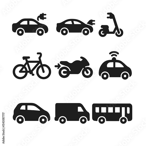 Electric Vehicle Icons. Solid style icons of electric vehicles: electric car, plug-in hybrid car, electric scooter, e-bike,