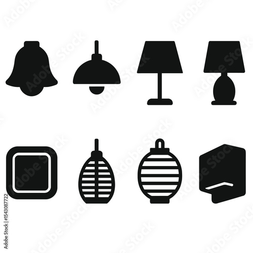 Lighting Material Icons. Solid style icons of lighting materials: frosted glass shade, metal fixture, fabric lamp shade, wood base