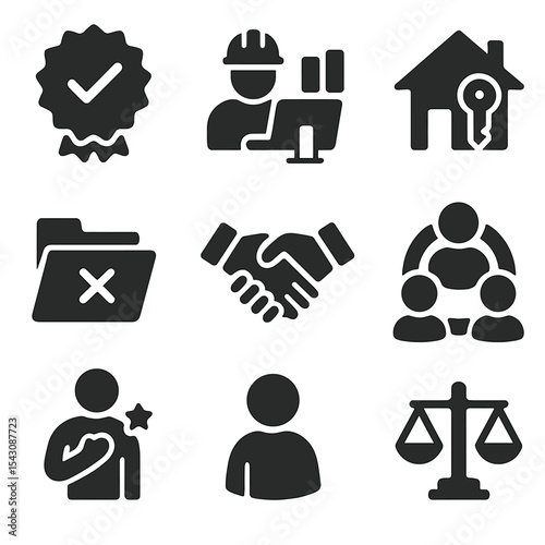 Prisoner Reentry Icons. Solid style icons of prisoner reentry support: second chance badge, job training icon, reentry path map,