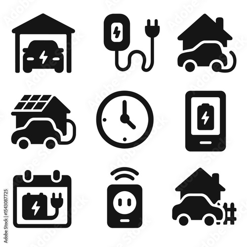 Home EV Charging Icons. Solid style icons of charging at home: garage EV icon, home wall charger, driveway with cable, home solar