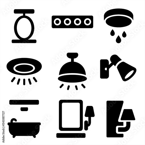 Bathroom Lighting Icons. Solid style icons of bathroom lighting: mirror light icon, vanity bulb row, waterproof ceiling light,