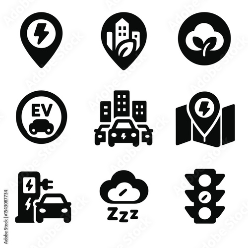 EV-Friendly City Icons. Solid style icons of EV-friendly city features: charging station map pin, green transport district,
