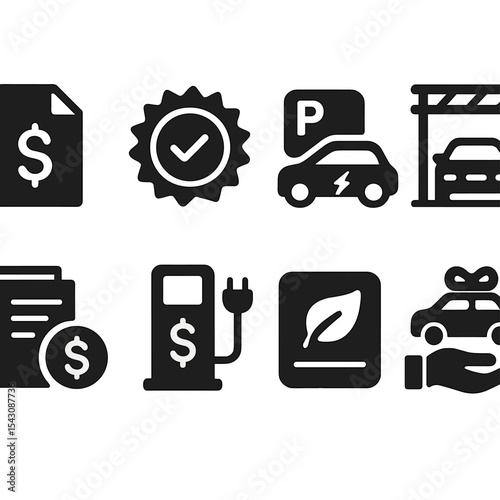 EV Incentives Icons. Solid style icons of EV incentives and perks: tax credit icon, green badge symbol, free parking EV, no toll
