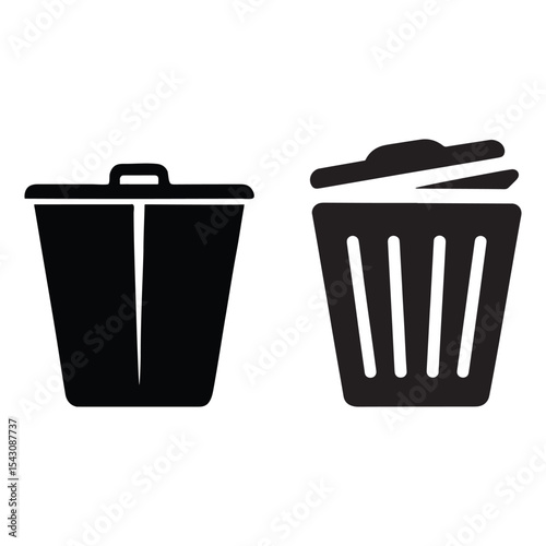 trash can icon. Set of Two Trash Bin Icons, Waste Containers with Lids, Minimalist Trash Can, Black Silhouette, Simple Waste Disposal Symbols