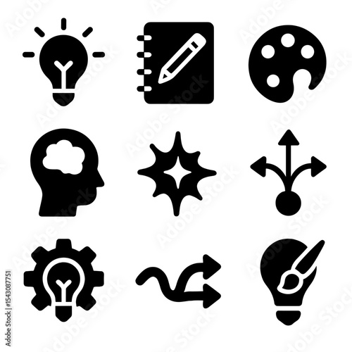 Icons of Creativity. Solid style icons of creativity: idea bulb, sketchbook icon, paint palette, abstract thought icon, creative