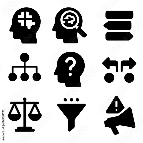 Critical Thinking Icons. Solid style icons of critical thinking: human head with puzzle, magnifying glass on brain, layered logic