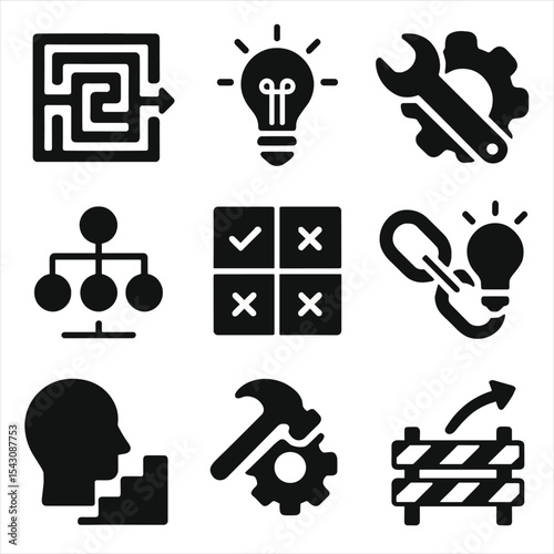 Problem Solving Icons. Solid style icons of problem solving: maze with exit, solution lightbulb, wrench and gear, root cause