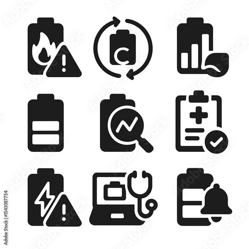 Battery Health Icons. Solid style icons of battery health and diagnostics: temperature warning battery, cycle count icon, battery