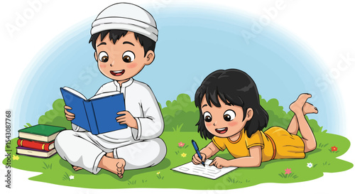  Muslim Children Learning and Studying Outdoors