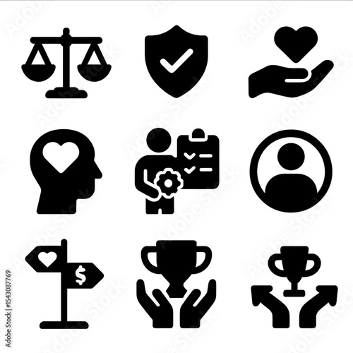 Ethics Icon Set. Solid style icons of ethics and responsibility: justice scales, honest badge icon, responsibility checklist,