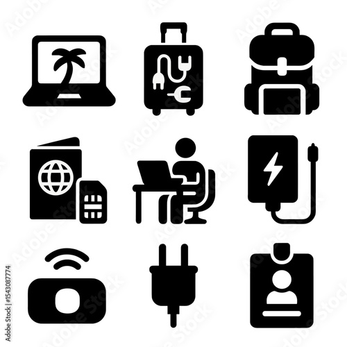 Digital Nomad Essentials. Solid style icons of digital nomad essentials: laptop with palm tree, suitcase with tech gear, travel