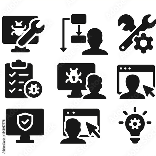 Digital Problem Solving Icons. Solid style icons of digital problem solving: code bug fix, tech issue flow, software troubleshoot